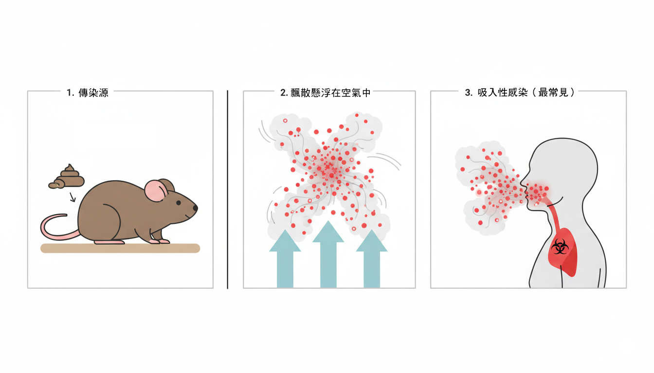 老鼠排泄物與人類漢他病毒感染路徑，示意病毒如何透過空氣粉塵與接觸傳播