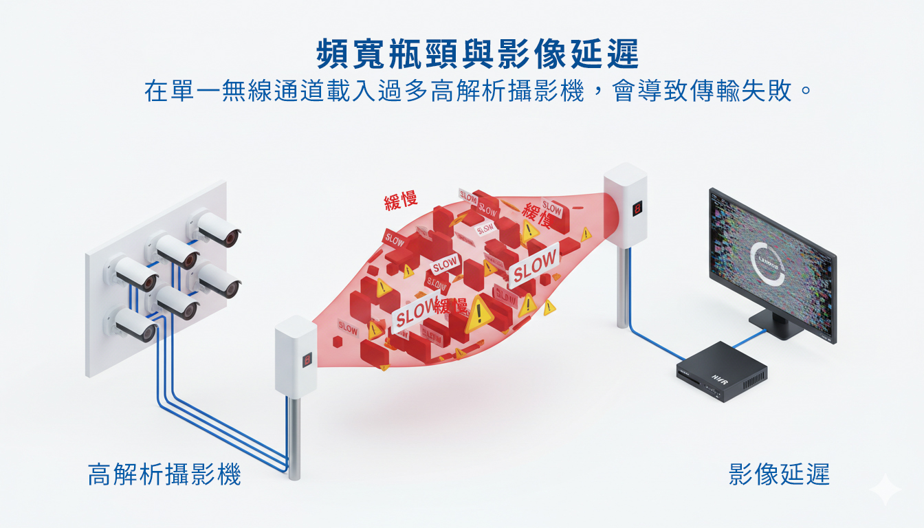 無線橋接器頻寬不足導致監控延遲示意圖