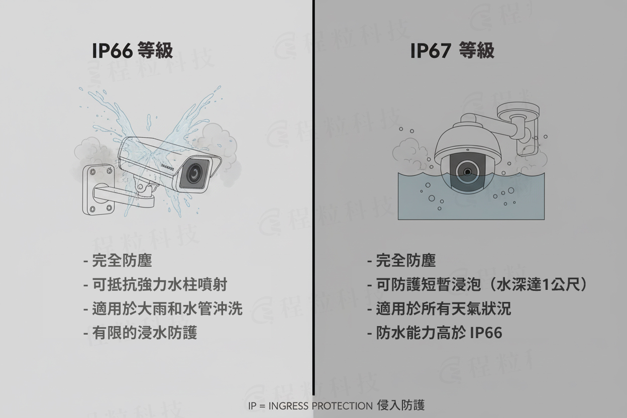 監控攝影機防水防塵等級IP66、IP67比較圖