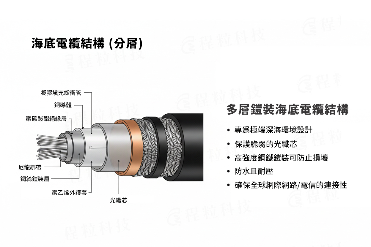 多層防護的海底電纜構造示意