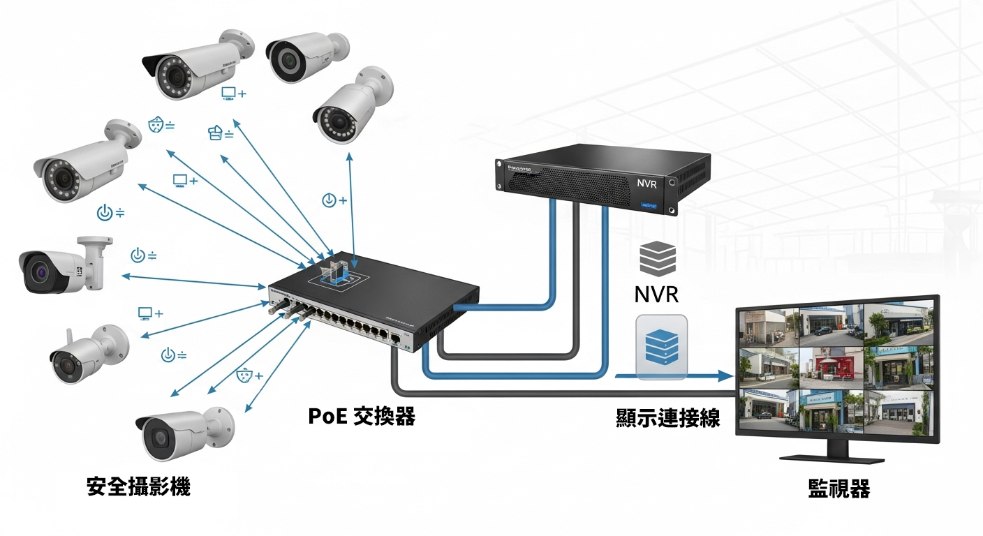 商用監控系統含PoE交換機與NVR連線示意圖