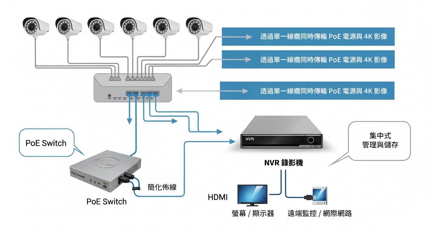 NVR 錄影主機與監控攝影機連線架構圖