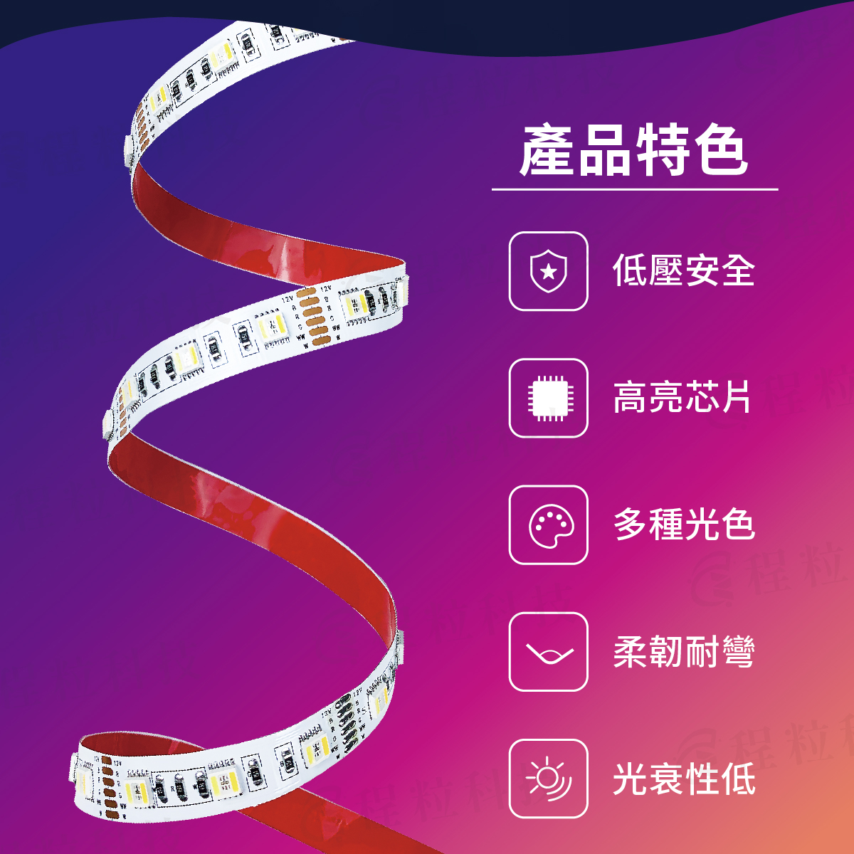 12V低壓智慧燈帶五大產品特色，包含高亮晶片與低光衰設計