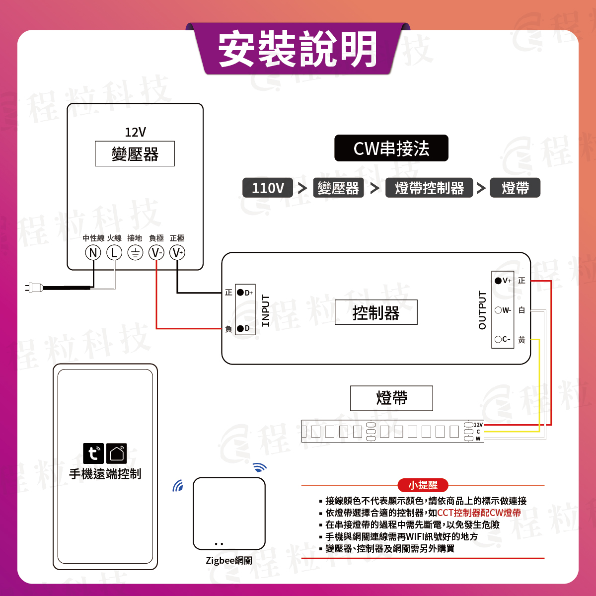 12V雙色溫CW智慧燈條串接安裝教學與變壓器接線圖