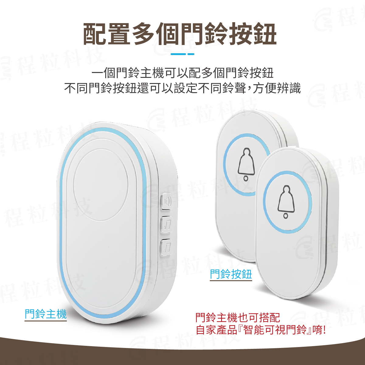 一對多無線門鈴配置，不同門鈴按鈕可設定區分鈴聲以方便辨識