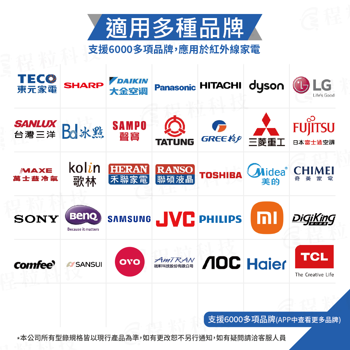 智慧遙控器支援多種家電品牌：東元、大金、日立、松下、三菱等