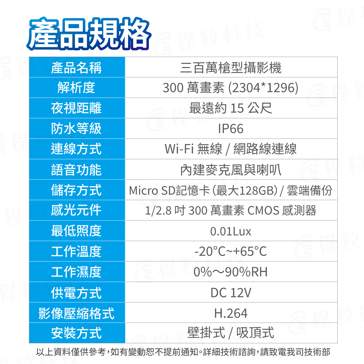300萬畫素槍型監視器技術規格參數，支援台灣110V轉DC 12V與128G儲存